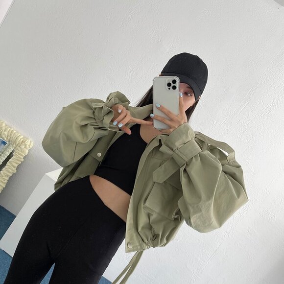 Army Green Casual Women's Flap Pocket Drop Shoulder Drawstring Hem Jacket - Picture 4 of 5